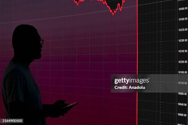 In this photo illustration, shows a human silhouette in front of a large graphic depicting a stock market crash in Ankara, Turkiye on August 05, 2024.