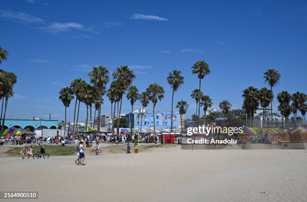 View of boardwalk and palm trees as daily life in Venice Beach of Los Angeles, California, United States on August 04, 2024.