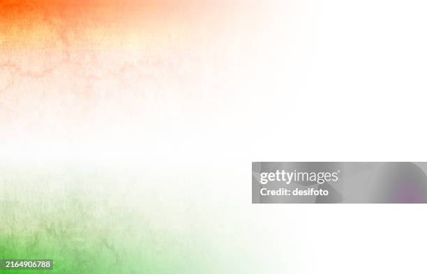 tricolor tiranga - empty blank pastel textured weathered distressed distraught background - horizontal vector of three colored bands in saffron orange, white and green at left corners as in indian flag and of ireland, niger and côte d'ivoire (ivory coast) - india flag stock illustrations