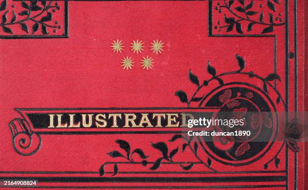 illustrated, gold text on black background, black floral pattern on red, victorian, detail from a old book cover - brocade stock illustrations