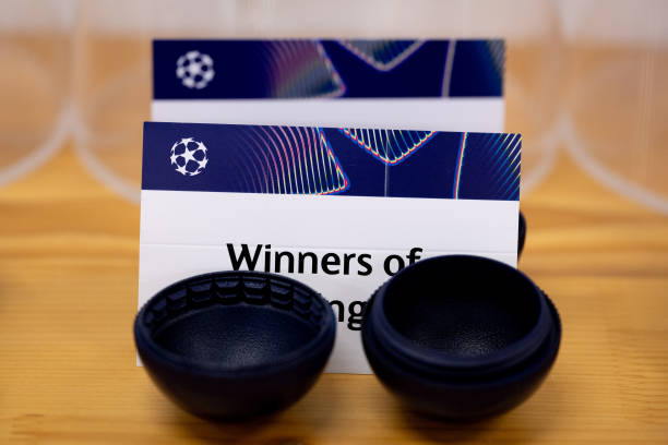 View of the draw cards ahead of the UEFA Champions League, 2024/25 Play-offs Round Draw at the UEFA Headquarters, The House of the European Football,...