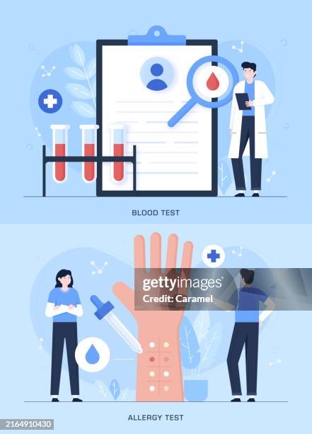 illustrazioni stock, clip art, cartoni animati e icone di tendenza di test di allergia, analisi del sangue flat design illustrazioni - test allergologico