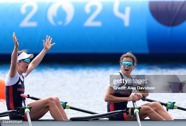 Emily Craig and Imogen Grant of Team Great Britain celebrate winning the gold medals after competing in the Rowing Lightweight Women's Double Sculls...