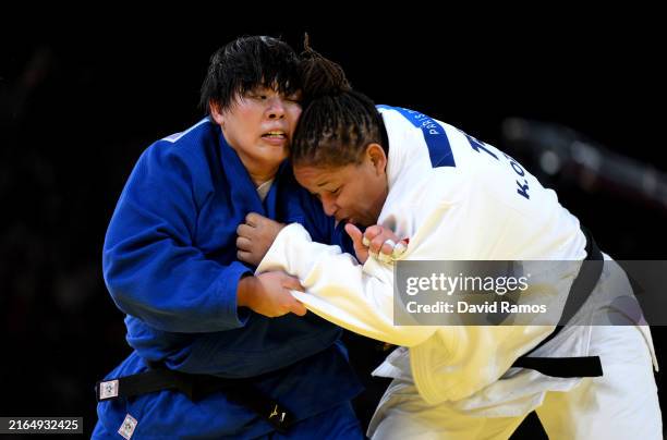 Kayra Ozdemir of Team Turkey and Akira Sone of Team Japan compete during the Women’s +78kg Quarterfinal match between Kayra Ozdemir of Team Turkey...