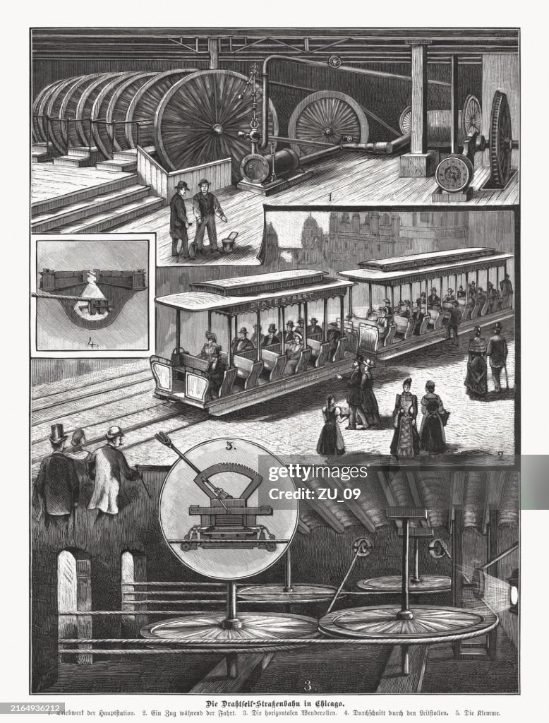 Cable cars in Chicago, Illinois, USA, wood engraving, published in 1892