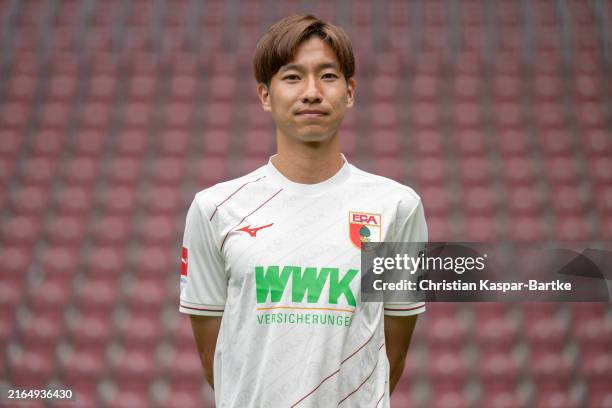 Masaya Okugawa of FC Augsburg poses during the team presentation at WWK Arena on August 01, 2024 in Augsburg, Germany.