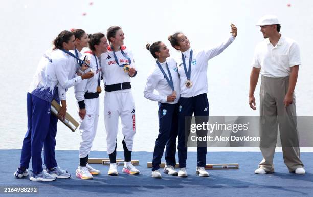 Gold medalists Emily Craig and Imogen Grant of Team Great Britain , Silver medalists Gianina Elena van Groningen and Ionela Livia Coziuc of Team...
