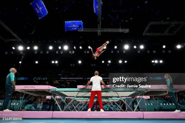Noemi Romero Rosario of Team Spain competes during the Trampoline Gymnastics Women's Qualification on day seven of the Olympic Games Paris 2024 at...