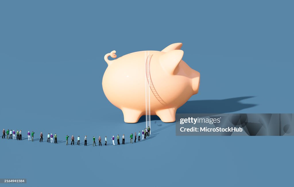 People Waiting Before A White Ladder Leaning Onto A Pink Piggybank On Blue Background