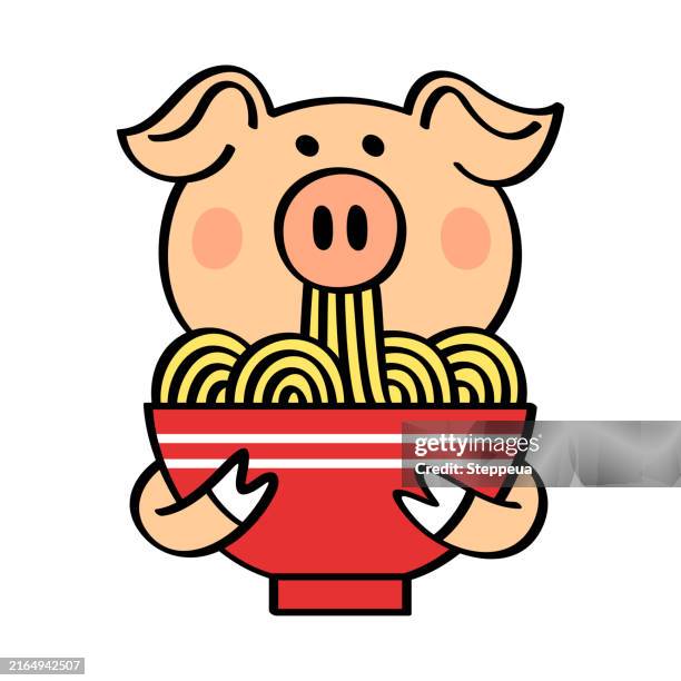pig eating ramen noodle - chinese food stock illustrations