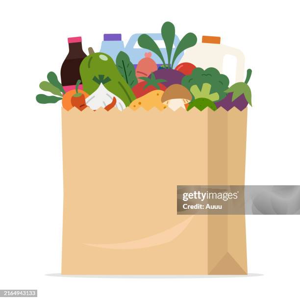 illustrations, cliparts, dessins animés et icônes de sac en papier avec des produits alimentaires - sachet en papier