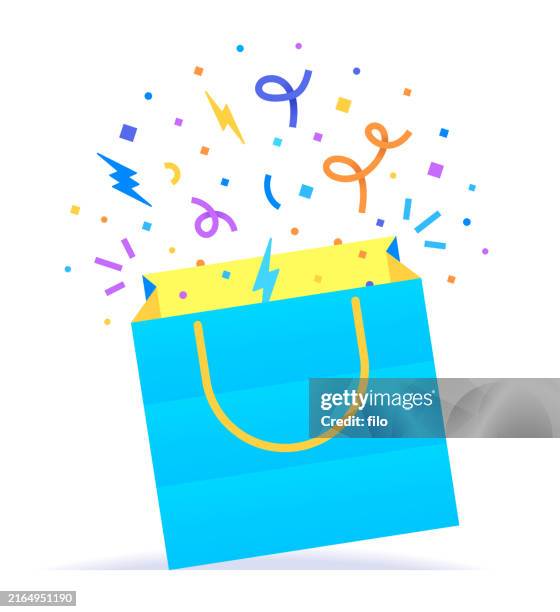 ilustraciones, imágenes clip art, dibujos animados e iconos de stock de venta de bolsas de compras celebración confeti ventajas compra de elementos de diseño de eventos - incentivo