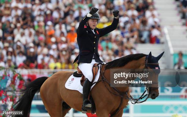 Harry Charles and horse Romeo 88 of Team Great Britain celebrate after their round in the Jumping Team Final on day seven of the Olympic Games Paris...