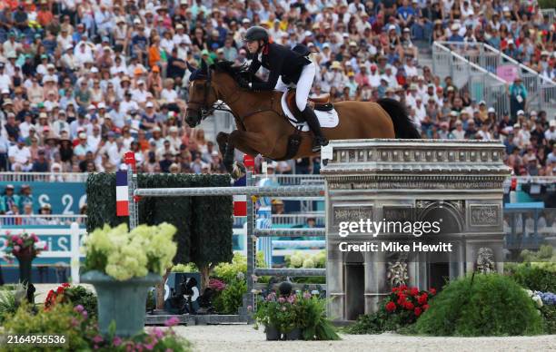 Harry Charles and horse Romeo 88 of Team Great Britain compete during the Jumping Team Final on day seven of the Olympic Games Paris 2024 at Chateau...