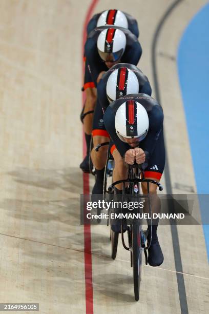 Britain's Ethan Edward Hayter, Britain's Oliver Wood, Britain's Daniel Bigham and Britain's Ethan Vernon compete in the men's track cycling team...