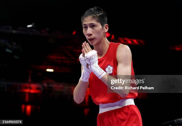 Yu Ting Lin of Team Chinese Taipei looks on after winning the Women's 57kg preliminary round match against Sitora Turdibekova of Team Uzbekistan on...
