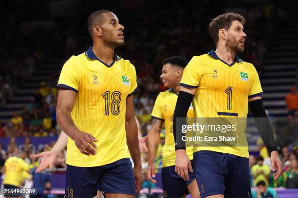 Ricardo Lucarelli Souza and Bruno Mossa Rezende of Team Brazil look on during the Men's Preliminary Round - Pool B match between Team Brazil and Team...