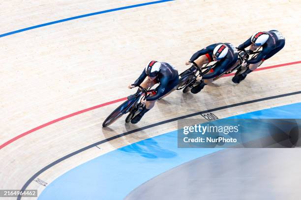 Sophie Capewell, Emma Finucane and Katy Marchant of Team Great Britain compete, as they break a New World Record, during the Women's Team Sprint...