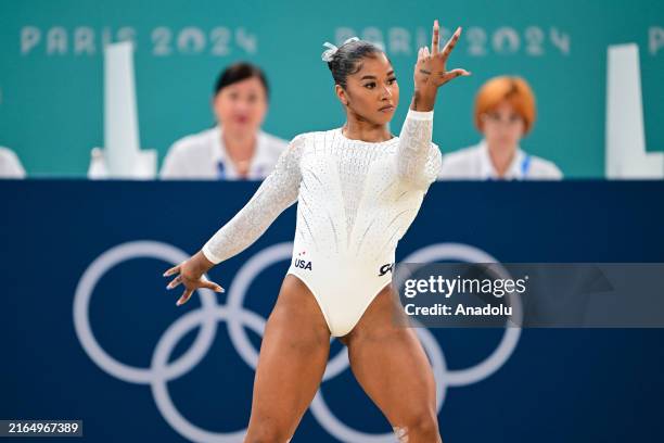 Jordan Chiles of USA performs during the Women's Floor Exercise Final on day ten of the Olympic Games Paris 2024 at Bercy Arena on August 5, 2024 in...