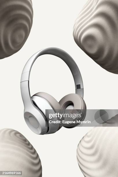 3d headphones and abstract background with sound waves. sound and style - cuffia attrezzatura per la musica foto e immagini stock