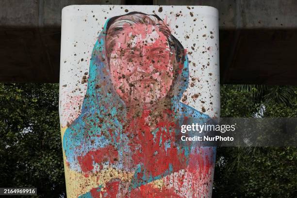 Mural of Prime Minister Sheikh Hasina is seen after her resignation in Dhaka, Bangladesh, on August 5, 2024. Bangladeshi Prime Minister Sheikh...