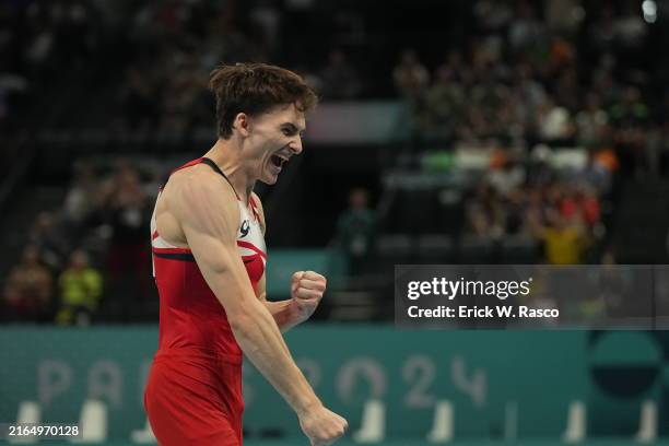 Summer Olympics: Team USA Stephen Nedoroscik in action, reacts during the Men's Pommel Horse final at Bercy Arena. Paris, France 8/3/2024 CREDIT:...