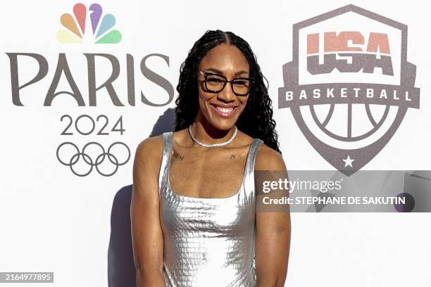 S women basketball team player A'ja Wilson poses as she arrives to attend Comcast NBCUniversal and NBA's Celebration of US Basketball in the Paris...