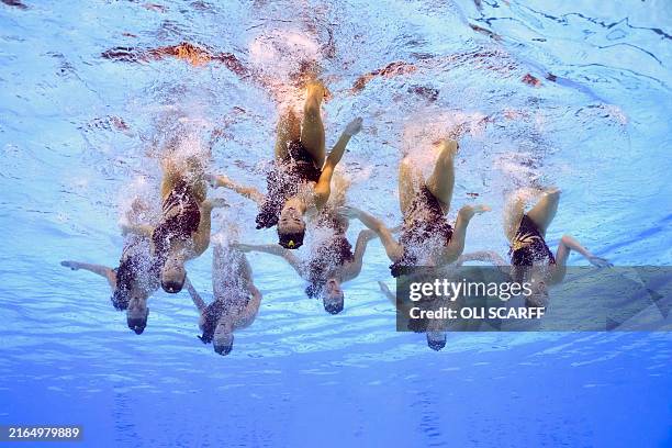 An underwater view shows team Canada competing in the team technical routine of the artistic swimming event during the Paris 2024 Olympic Games at...