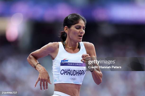Parul Chaudhary of Team India competes during the Women's 5000 Metres heats on day seven of the Olympic Games Paris 2024 at Stade de France on August...