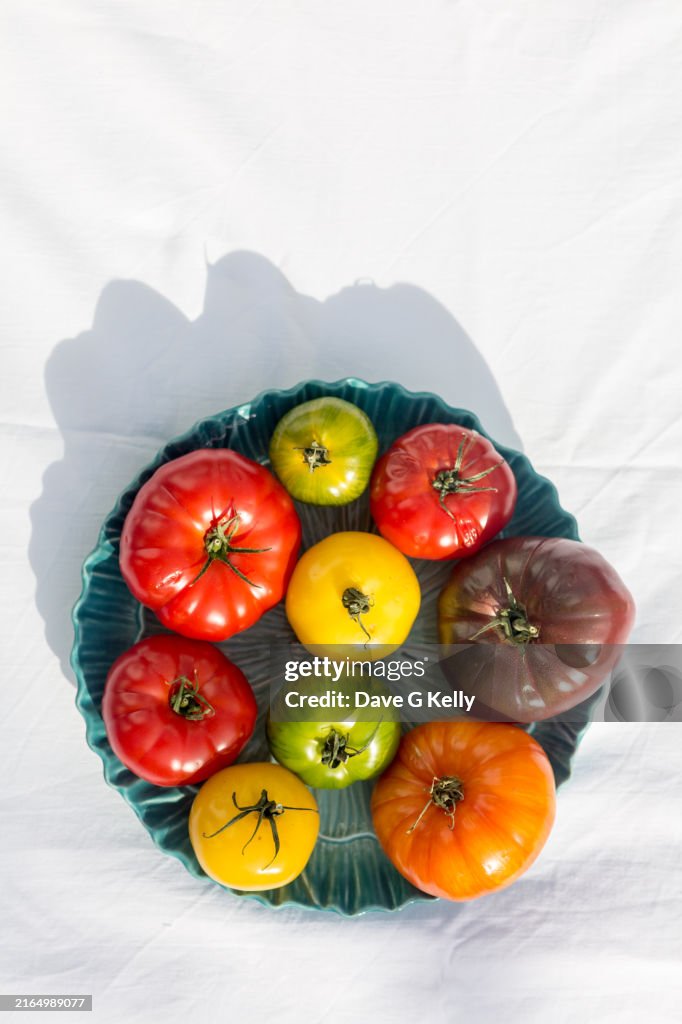Overhead View of Variety of Tomatoes in a Bowl