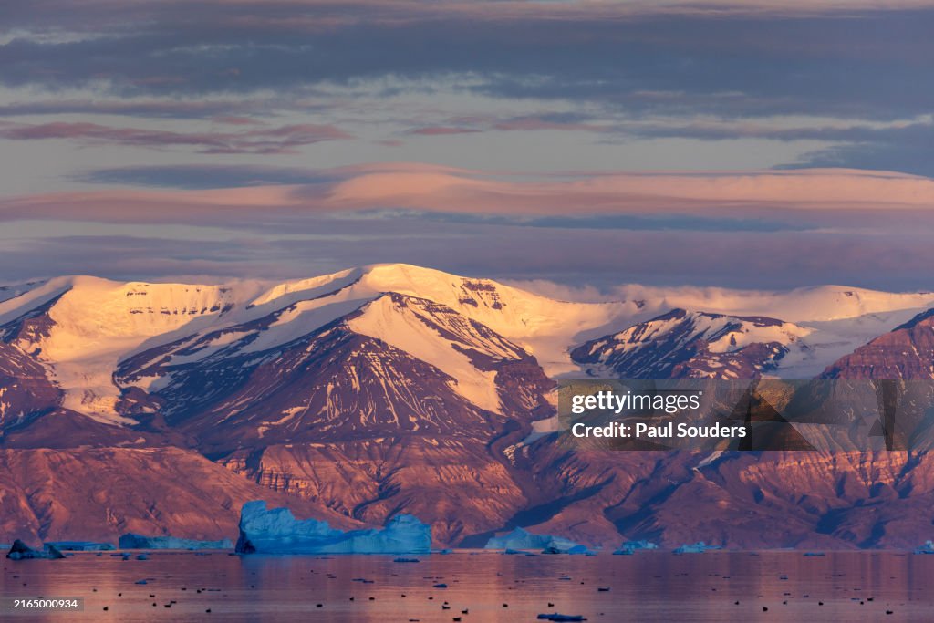 Midnight Sun on Mountains along Uummannaq Fjord, Greenland