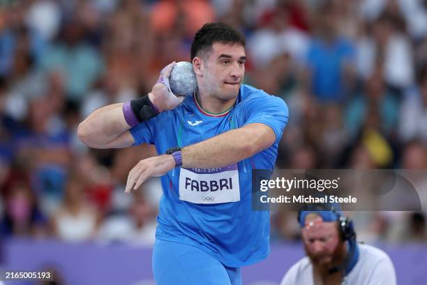 Leonardo Fabbri of Team Italy competes during the Men's Shot Put Qualification on day seven of the Olympic Games Paris 2024 at Stade de France on...