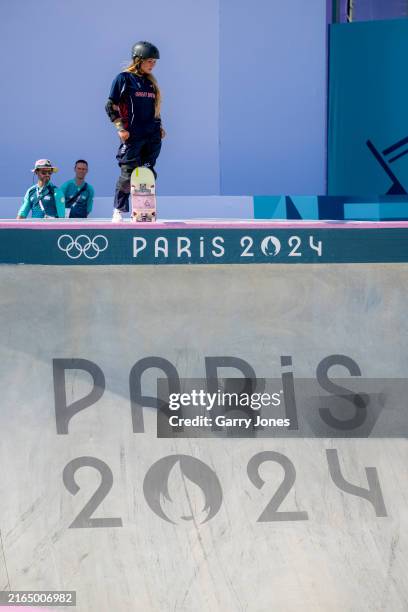 Sky Brown of Team Great Britain practices during the WoMen's Street Skateboarding Practice on day seven of the Olympic Games Paris 2024 at Place de...