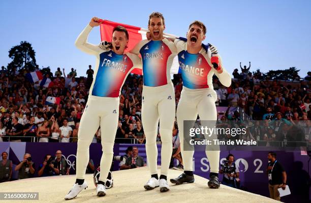 Gold medalist Joris Daudet of Team France , Silver medalist Sylvain Andre of Team France and Bronze medalist Romain Mahieu of Team France celebrate...