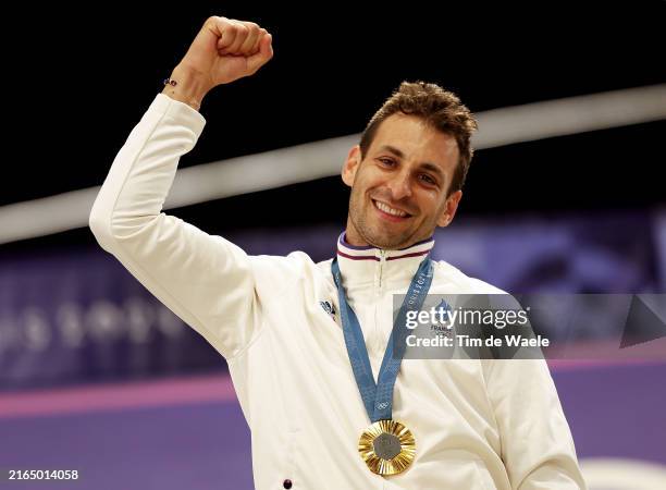 Gold medalist Joris Daudet of Team France poses on the podium during the Men's Final on day seven of the Olympic Games Paris 2024 at...