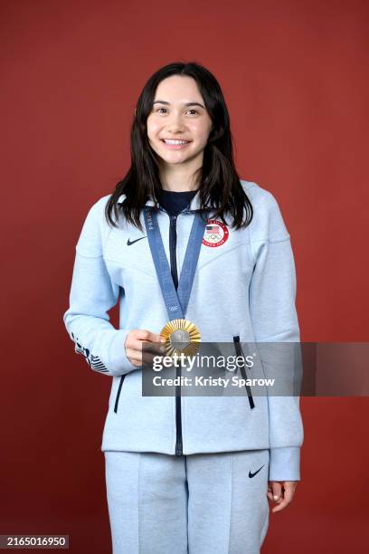 Olympian Maia Weintraub of Team United States poses on the Today Show Set on August 02, 2024 in Paris, France.