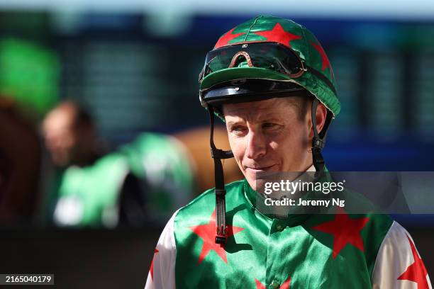 James McDonald looks on prior to Race 1 Jockeys Appreciation during Sydney Racing at Rosehill Gardens on August 03, 2024 in Sydney, Australia.