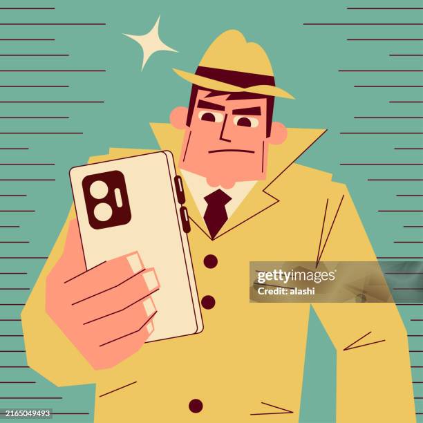 a cool detective reads amazing news on his smartphone - direct mail illustration stock illustrations
