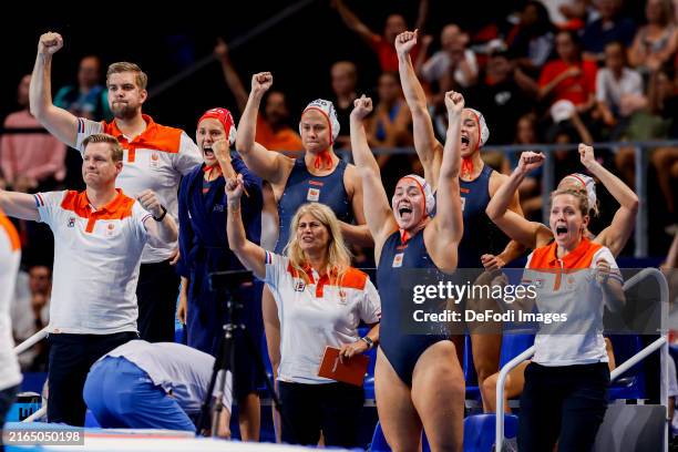 Team of the Netherlands celebrates during the Women's Water polo Quarterfinal match between Netherlands and Italy on Day 11 of the Olympic Games...