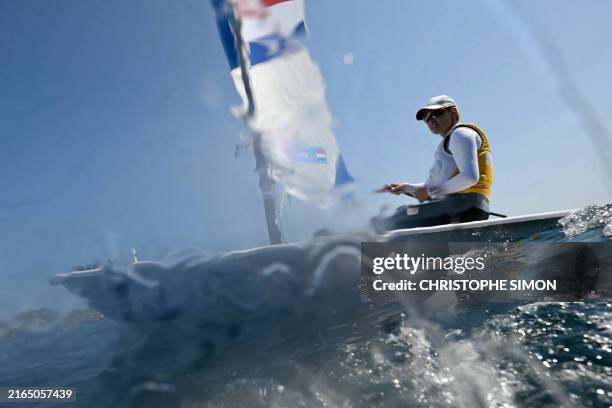Netherlands' Marit Bouwmeester trains for the medal race of the women's ILCA 6 single-handed dinghy event during the Paris 2024 Olympic Games sailing...