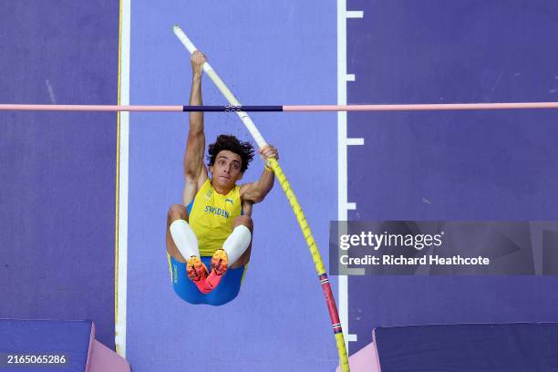 Armand Duplantis of Team Sweden competes during the Men's Pole Vault Qualification on day eight of the Olympic Games Paris 2024 at Stade de France on...