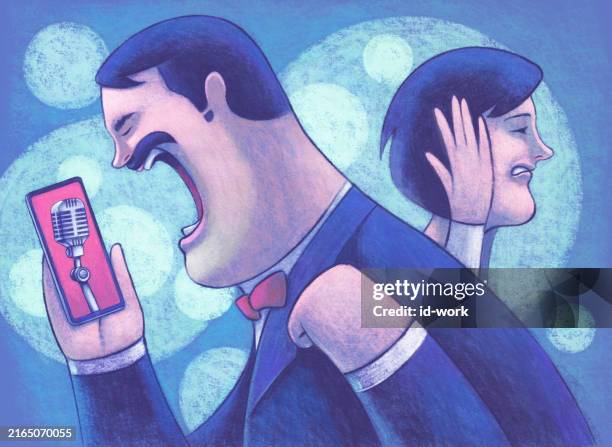 mann singt mit mikrofon auf smartphone - hörspielschauspieler stock-grafiken, -clipart, -cartoons und -symbole