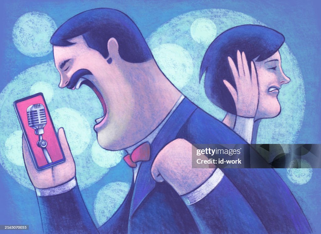 Man singing with microphone on smartphone