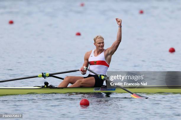 Oliver Zeidler of Team Germany celebrates after winning Gold in the Men's Single Sculls Final A on day eight of the Olympic Games Paris 2024 at...