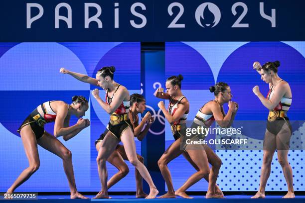 Team Canada compete in the team free routine of the artistic swimming event during the Paris 2024 Olympic Games at the Aquatics Centre in...