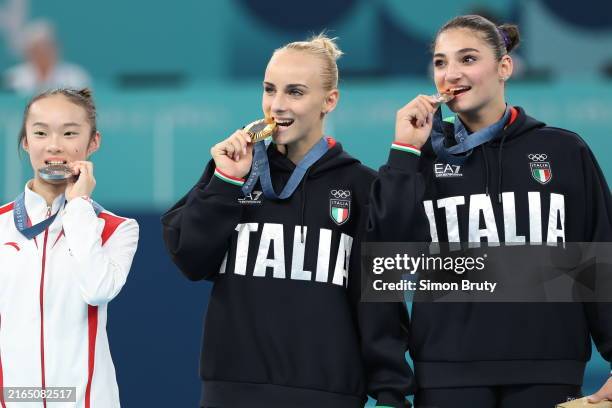 Summer Olympics: Team China and Silver medalist Yaqin Zhou, Team Italy and Gold medalist Alice D'Amato and Team Italy and bronze medalist Manila...