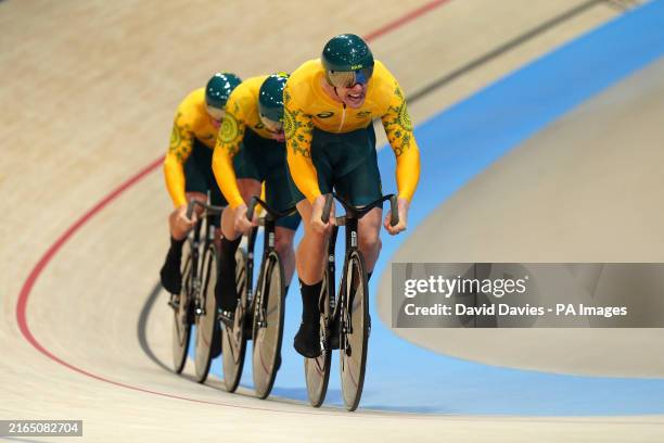 Australia's Matthew Glaetzer, Leigh Hoffman and Matthew Richardson during the Men's Team Sprint finals at the National Velodrome,...