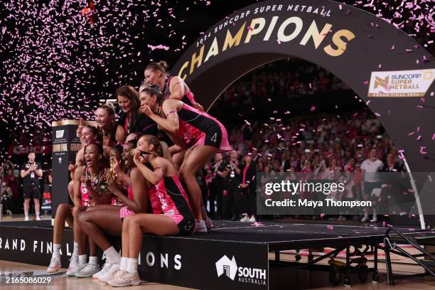 The Adelaide Thunderbirds celebrate after the Super Netball Grand Final match between Adelaide Thunderbirds and Melbourne Vixens at Adelaide...
