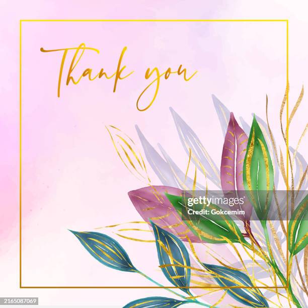 illustrazioni stock, clip art, cartoni animati e icone di tendenza di etichetta di ringraziamento con foglie d'acquerello colorate in oro e verdi disegnate a mano, elementi singoli. elemento di design clip art dipinto a mano per etichette, biglietti d'auguri, biglietti da visita, volantini, biglietto d'invito a nozze. - grazie