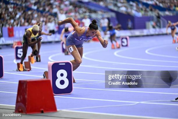 Sydney Mclaughlin-Levrone competes during the Women's 400m Hurdles Semi-Final on day eleven of the Olympic Games Paris 2024 at Stade de France on...